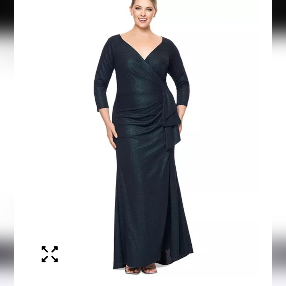 $249 XSCAPE Metallic-Threaded Gathered-Waist Dress Sz 4 Dark Green NWT